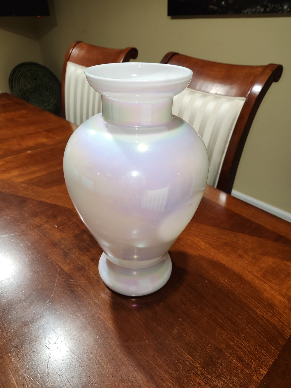 Vintage 14" Pearlescent Opalescent White Iridescent Hand Blown Art Flower Holder - Picture 3 of 6